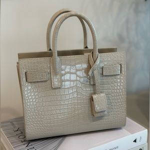SAINT LAURENT Calfskin Crocodile Embossed Nano Sac De Jour Gris Perle